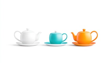Fototapeta premium Three colorful teapots with saucers arranged in a row.