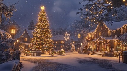 Enchanting Winter Village with Christmas Lights and Snowy Landscape