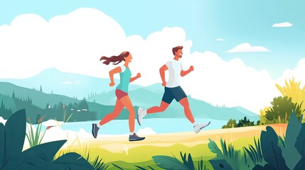 Two people jogging along a scenic path by a lake with mountains in the background.