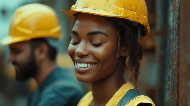 Cheerful black female construction worker in a helmet engages with the camera, talks, and smiles. Smiling young black woman construction worker shares her joyful emotions at the camera.