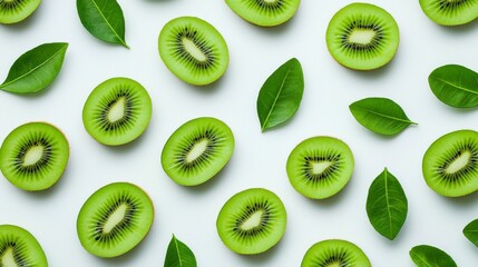 Fototapeta premium Freshly Sliced Kiwi Fruit with Green Leaves on Light Background Creating a Vibrant and Healthy Food Aesthetic Full of Natural Colors and Textures