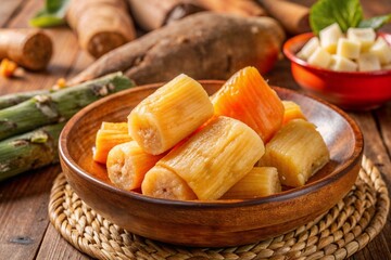 Delicious boiled cassava served in a rustic wooden bowl with fresh ingredients
