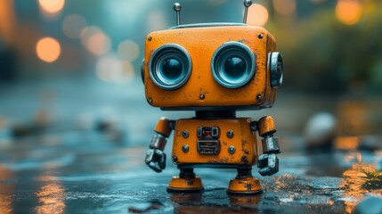 A charming vintage robot toy stands on a rain-soaked surface, surrounded by a blurred urban backdrop filled with colorful lights at twilight. A sense of nostalgia fills the air.
