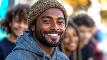 A joyful man smiles warmly among friends during a sunny day at a vibrant outdoor event