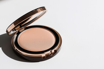 Makeup compact displayed on a clean surface with natural light highlighting its features