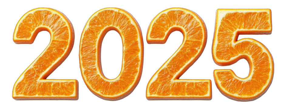 3D text 2025 with orange fruit texture