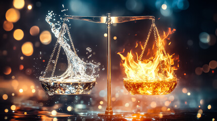 A unique scale shows water on one side and flames on the other, symbolizing contrasting forces in an ethereal space