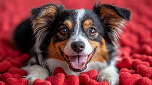 Adorable cachorro rodeado de corazones, tierno y gracioso.