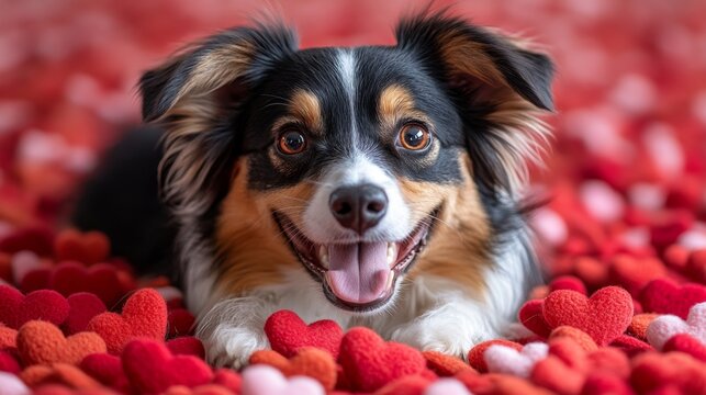 Adorable cachorro rodeado de corazones, tierno y gracioso.