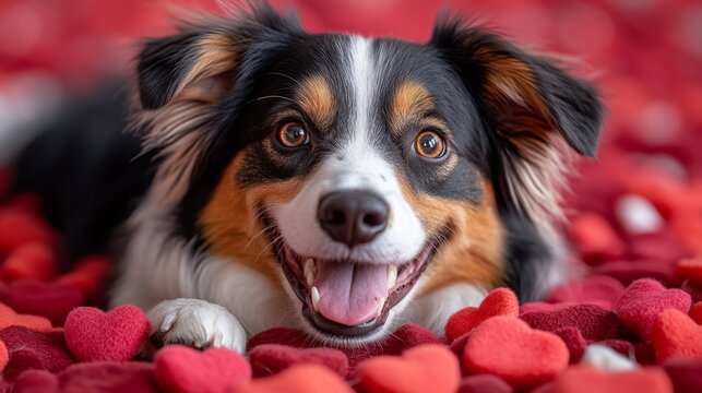Adorable cachorro rodeado de corazones, tierno y gracioso.