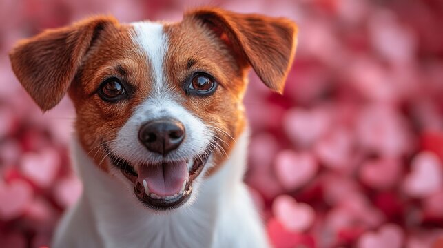 Adorable cachorro rodeado de corazones, tierno y gracioso.