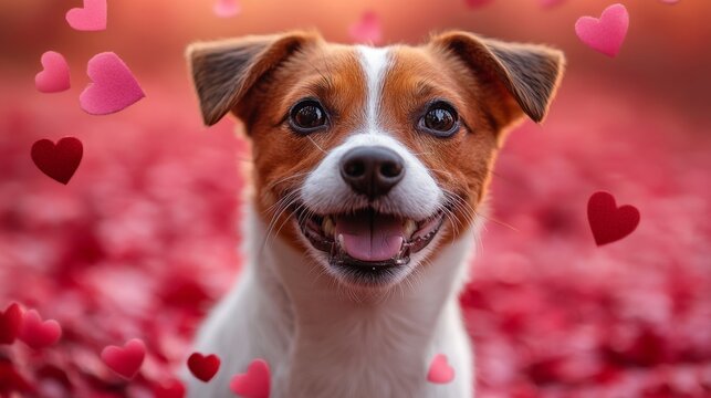 Adorable cachorro rodeado de corazones, tierno y gracioso.