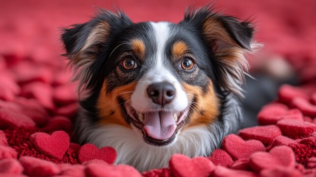 Adorable cachorro rodeado de corazones, tierno y gracioso.