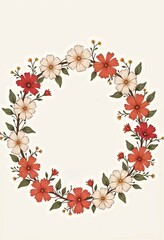 Obraz premium Colorful floral wreath illustration with red and white flowers on a beige background with copy space