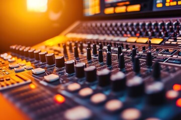 Fototapeta premium Close-up of a mixing console in a recording studio, a music production concept. 