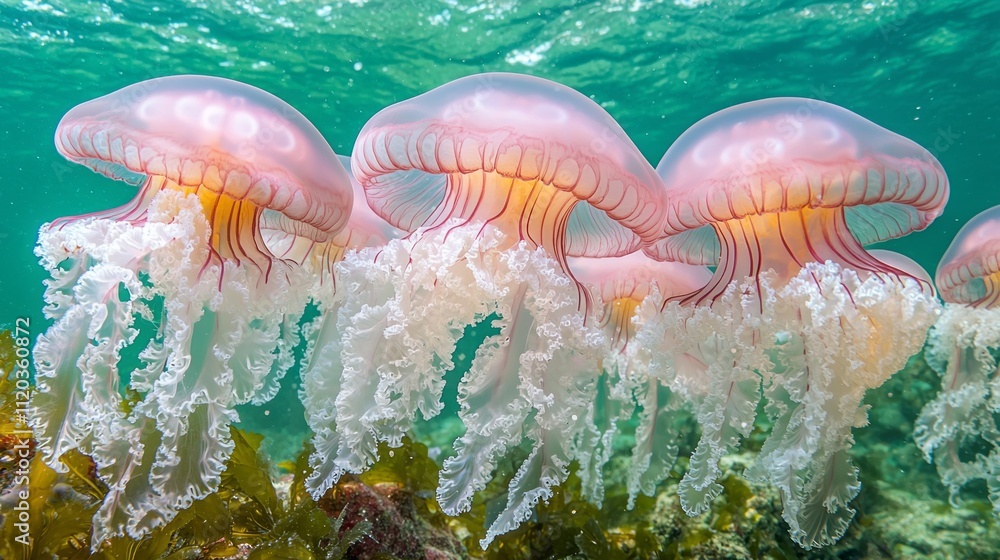 Poster floating effortlessly, a mesmerizing group of pink jellyfish dances in the tranquil sea, illuminated