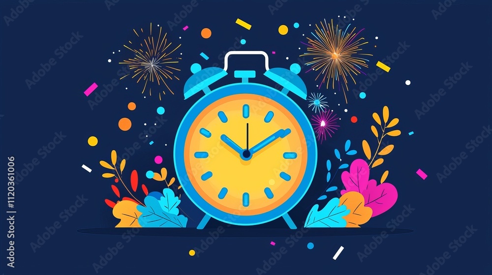Poster a colorful illustration of an alarm clock surrounded by festive elements like fireworks and confetti