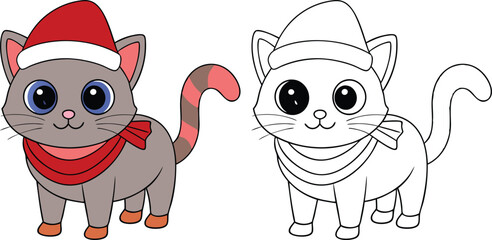 A-cute-cat-with-Santa-hat-and-scarf-Christmas art design. Adorable Christmas-themed digital graphic featuring a cute cat wearing a Santa hat and scarf.