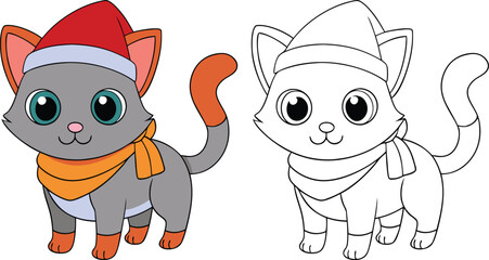 A-cute-cat-with-Santa-hat-and-scarf-Christmas art design. Adorable Christmas-themed digital graphic featuring a cute cat wearing a Santa hat and scarf.