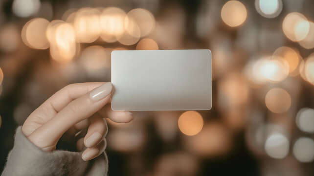 hand holding blank transparent business card/ mockup/template in blurred golden bokeh background
