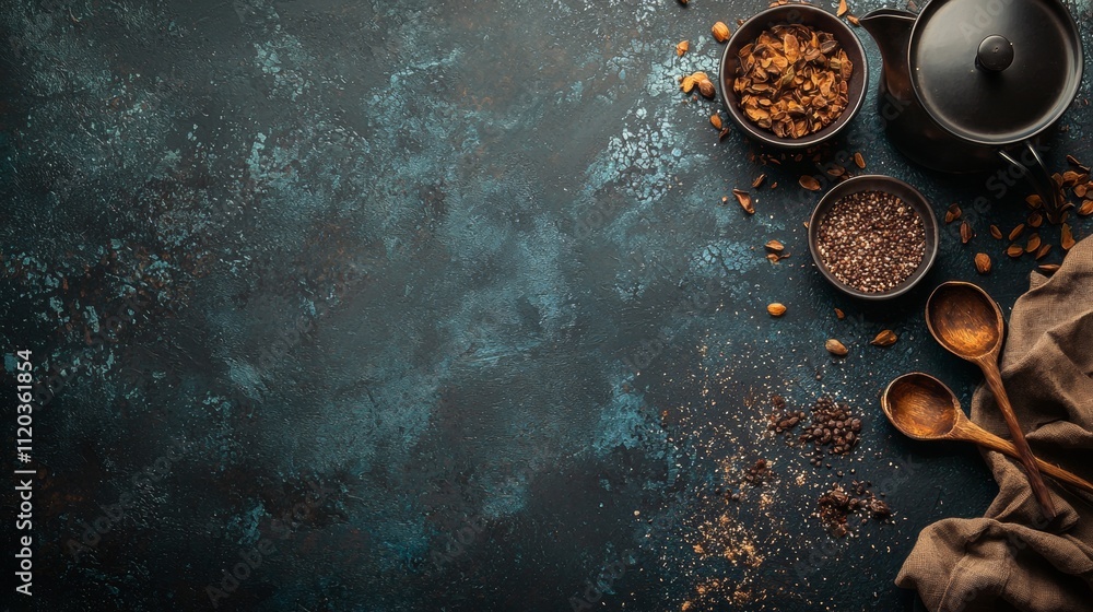 Poster rustic tea setting with dried leaves and spices on a textured background