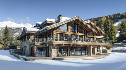 Hillside Alpine Chalet with Glacier Views, Modern Verbier Mountain Estate with Glass Atrium
