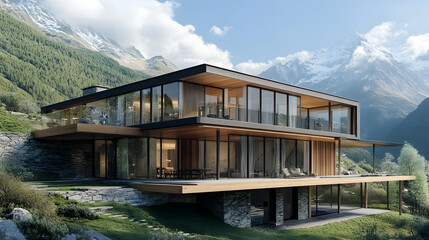 Obraz premium Hillside Alpine Chalet with Glacier Views, Modern Verbier Mountain Estate with Glass Atrium