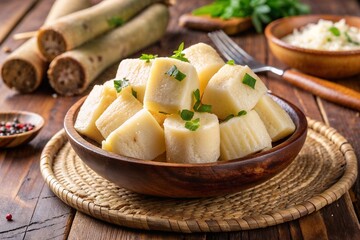Steamed cassava chunks garnished with herbs in a rustic wooden bowl.