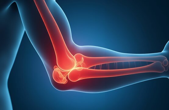 Pain in the elbow, highlighting conditions like elbow fractures, dislocations, tendinitis, and bursitis, emphasizing the anatomical areas affected