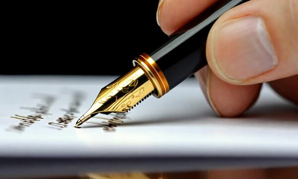 Close-up of a hand using a fountain pen to write elegant cursive script on white paper.