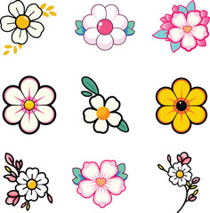 Different type of cute pink, white and yellow colour flower vector. Abstract floral pattern icon collection.