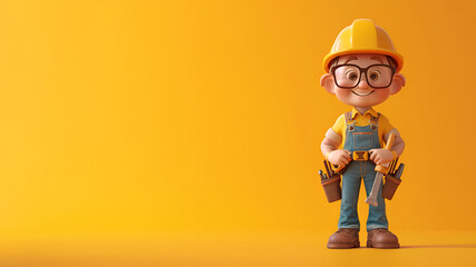 Cute construction worker character on yellow background