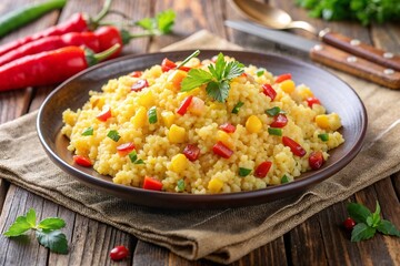 Colorful cauliflower rice garnished with sweet red pepper, yellow corns and fresh herbs, served in a rustic bowl on a wooden table.
