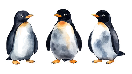 Vector penguins set. Collection of adults penguins with cute baby penguins. Watercolor hand drawn illustration isolated on white background illustration.