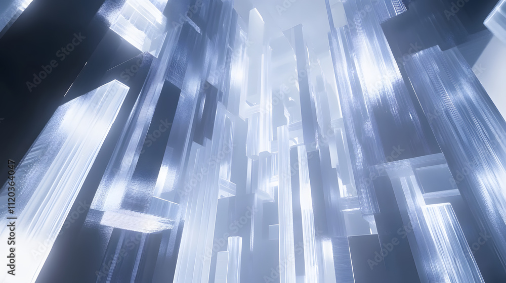 Poster an ethereal display of abstract, translucent towers glowing with soft light, resembling futuristic c