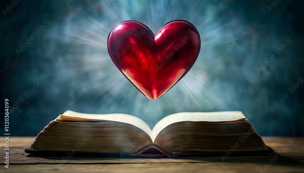 Poster inspirational heart rising above an open book symbolizing knowledge, love, and enlightenment, perfec