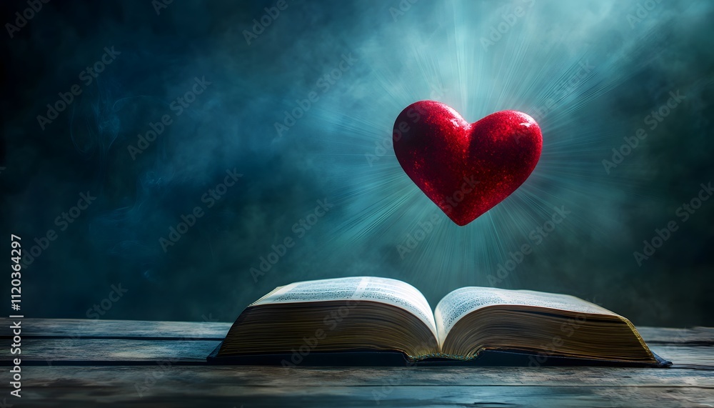 Poster Glowing Red Heart Floating Above an Open Book on Wooden Surface with Mystical Blue Background and Soft Light Ray Effects Evoking Love and Knowledge