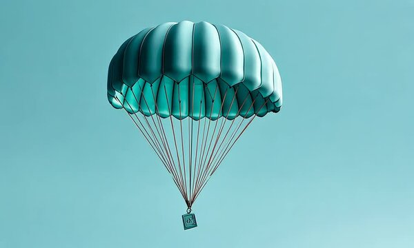 Teal parachute descending against a light blue backdrop.