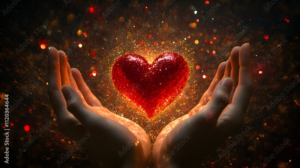 Poster A Pair of Hands Extending to Hold a Shimmering Red Heart Surrounded by a Sparkling Aura of Light, Symbolizing Love, Care, and Compassion In a Dreamy Atmosphere