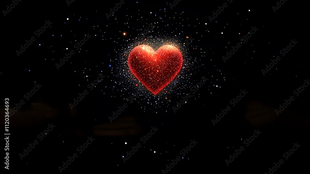 Aufkleber Glittering Red Heart Shaped Object Surrounded by Sparkling Stars and Cosmic Background in Deep Space Representation of Love and Affection