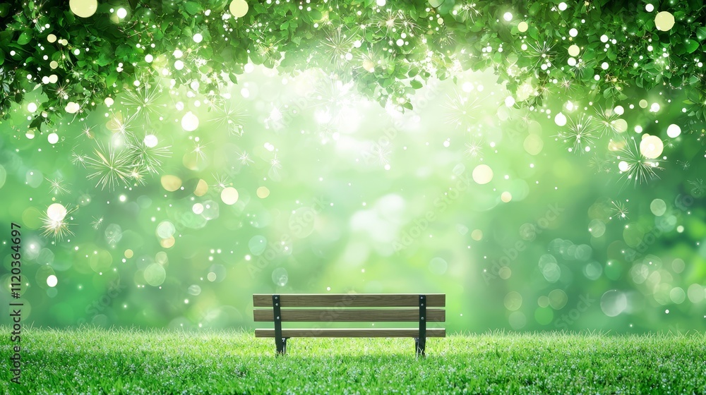 Poster a serene park scene featuring a solitary bench surrounded by lush greenery and a soft, glowing bokeh