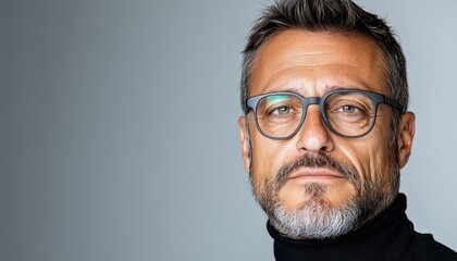 Mature man poses confidently in stylish black turtleneck with glasses on his face