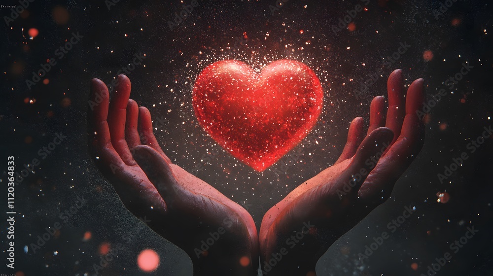 Aufkleber Luminous Heart Floating Above Open Hands with Magical Sparkles and Bokeh Effect in a Mystical Setting for Love and Emotion Themes
