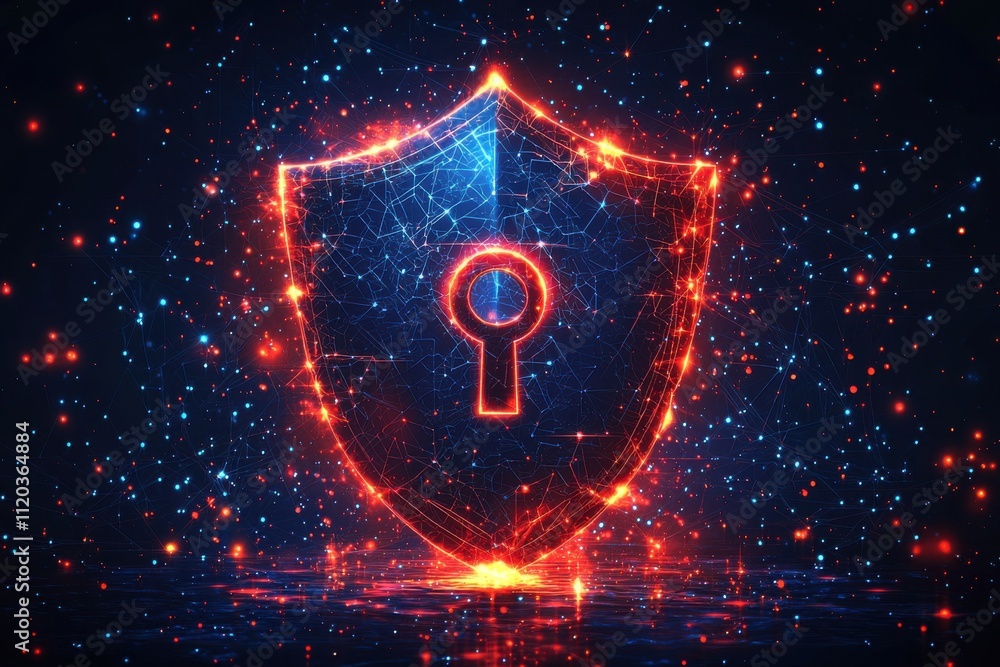 Poster digital shield with keyhole icon representing cybersecurity and protection