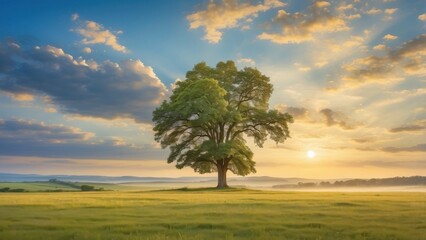 Obraz premium A tree stands on verdant meadows in this serene, expansive rural landscape view in the early summer morning after sunrise, with vibrant clouds in the sky's gold and blue hues. View Less