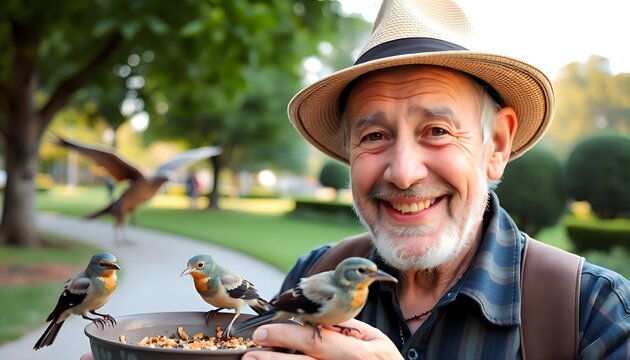 Elderly Man Enjoying Bird Feeding in A Beautiful Park Setting