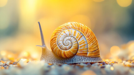 Captivating spiral patterns of a snail shell in dreamy golden light create a mesmerizing and fantastical atmosphere