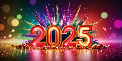 Happy New Year 2025 Celebration Banner. Festive New Year celebration. Golden light bokeh. Party design. Holiday card. Happy new year. Night event.