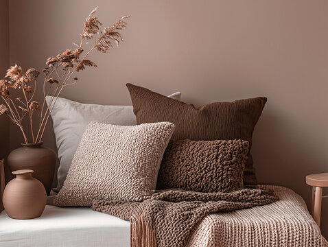 sofa and pillows in mocha mousse color