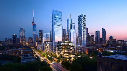 Fototapeta premium A vibrant city skyline featuring modern glass skyscrapers reflecting the evening light, with lush greenery integrated into urban planning..